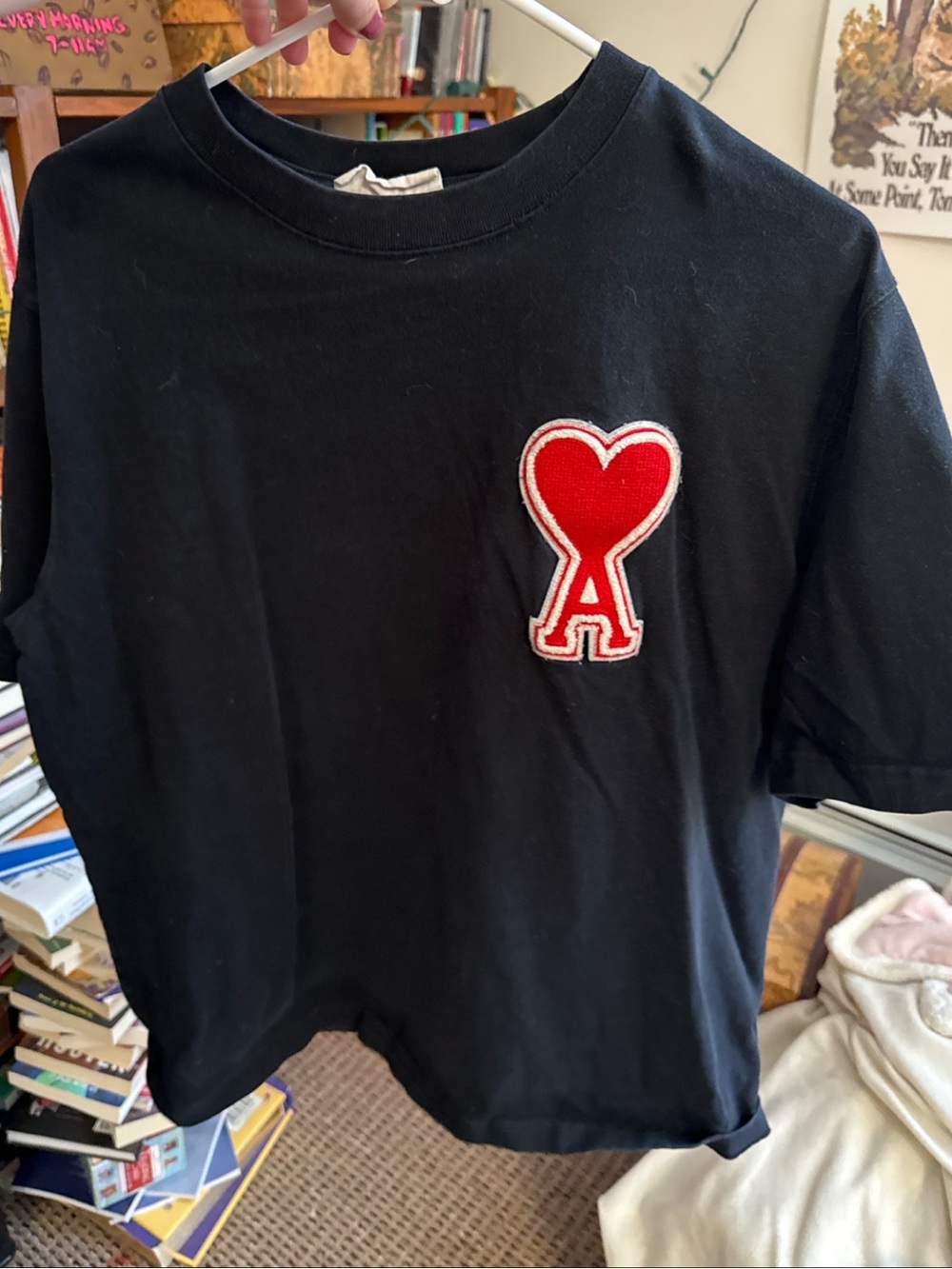 AMI Paris Ami de Cœr Black Embroidered Heart Logo T Shirt